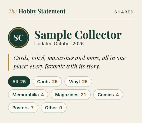 A private collection page with the collector’s name and their collectibles by category